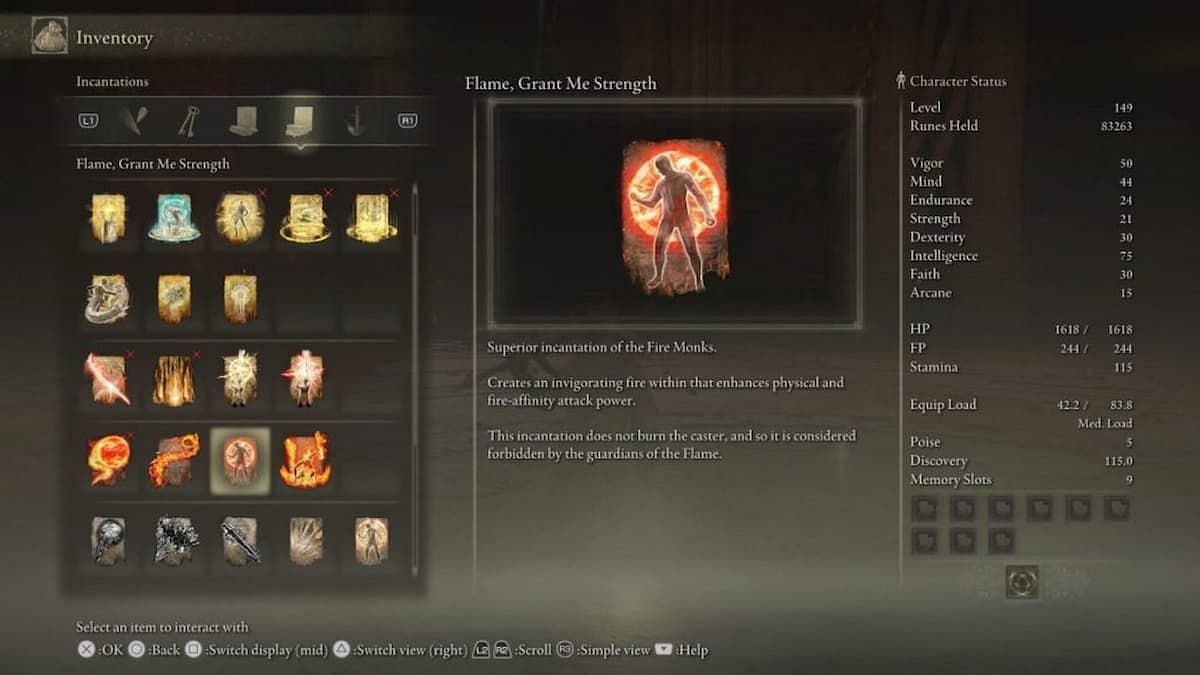 A look at Flame, Grant Me Strength&#039;s inventory page (Image via FromSoftware Inc.)