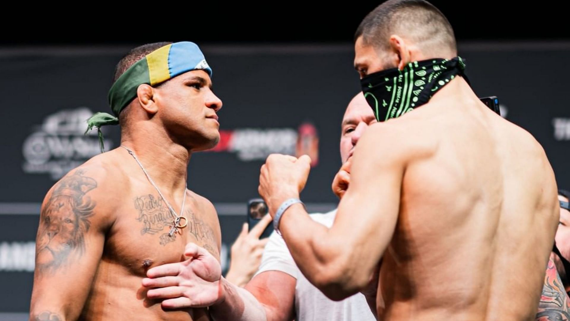 Gilbert Burns vs. Khamzat Chimaev face-off [Image courtesy of @ufc Instagram]