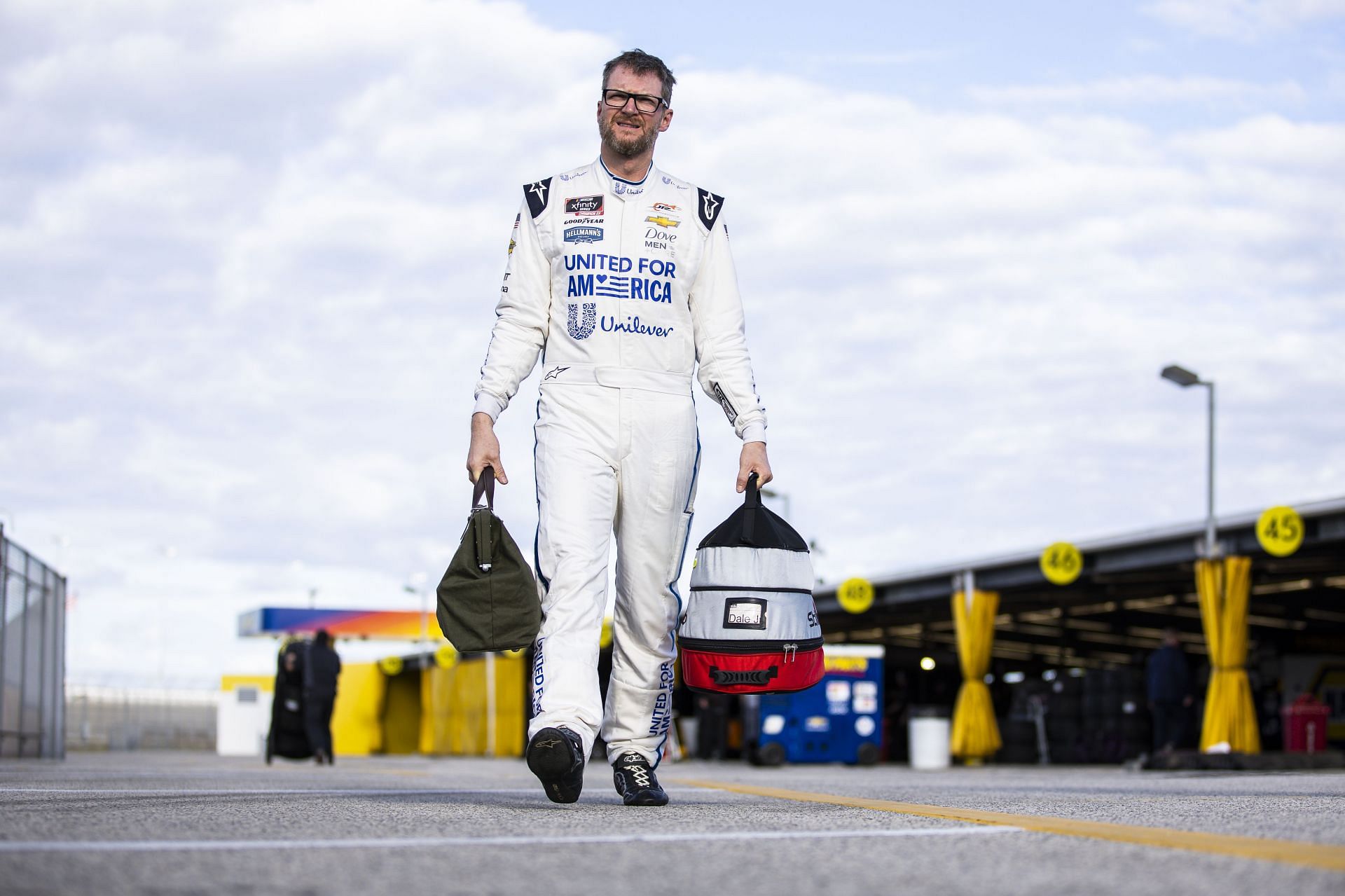 Dale Earnhardt Jr. walks in the garage area during the NASCAR Next Gen Test at Daytona International Speedway on January 12, 2022 in Daytona Beach, Florida. (Photo by James Gilbert/Getty Images)