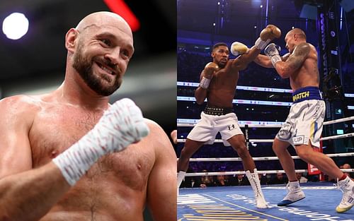 Tyson Fury (L) doesn't seem to care about the rematch between Anthony Joshua and Oleksandr Usyk (R)