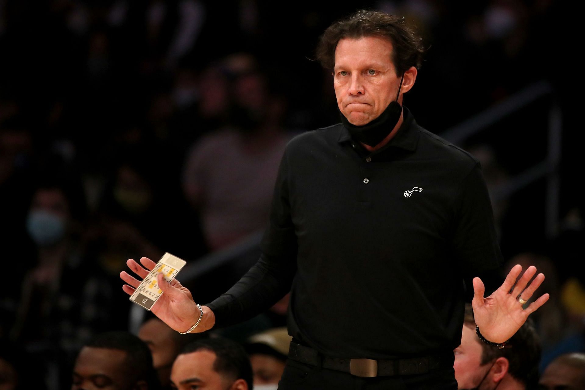 Head coach Quin Snyder of the Utah Jazz reacts to a play during the first quarter against the LA Lakers.