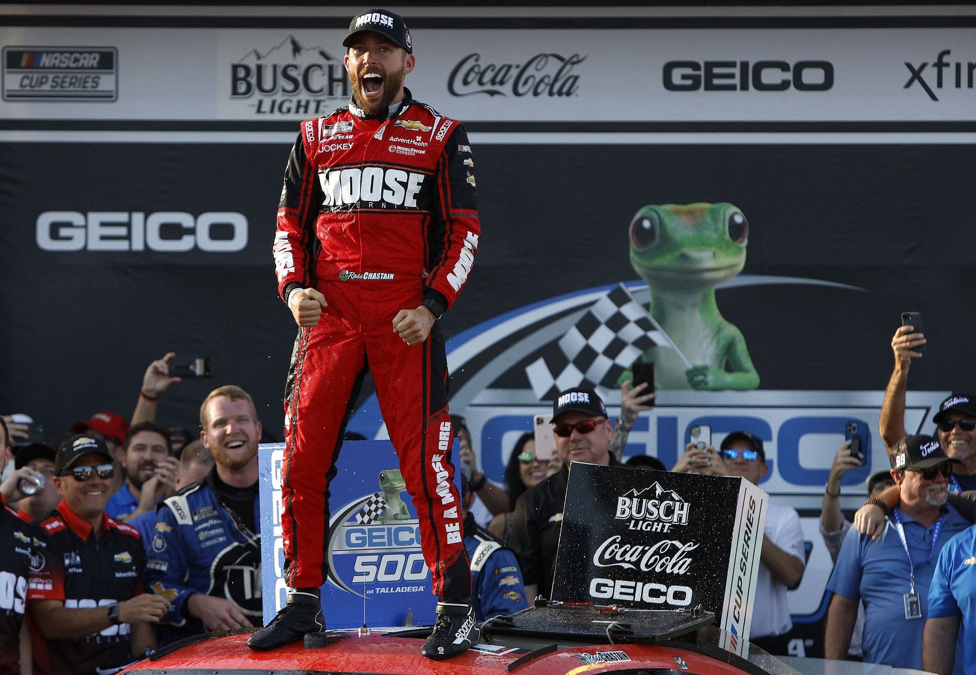 Ross Chastain celebrates in victory lane after winning the NASCAR Cup Series GEICO 500 at Talladega Superspeedway (Photo by Sean Gardner/Getty Images)