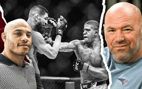 Ali Abdelaziz (left), Gilbert Burns vs. Khamzat Chimaev (center), Dana White (right) [Left image via @aliabdelaziz000 on Instagram]