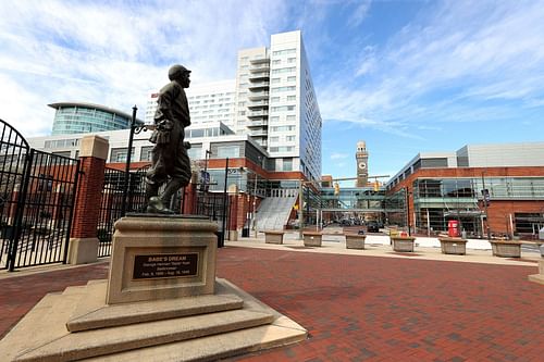 Statue of Babe Ruth in Baltimore, Ruth played 14 seasons for the New York Yankees