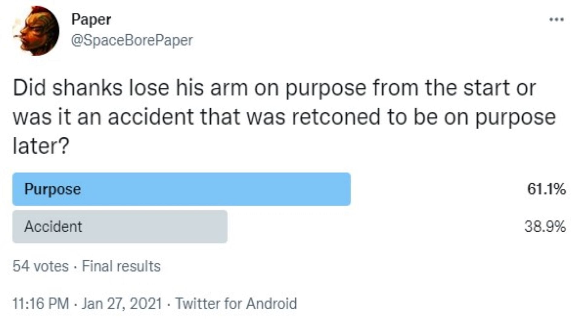 A poll on whether Shanks lost his arm on purpose (Screenshot via @SpaceBorePaper/Twitter)