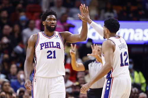 Joel Embiid, left, and Tobias Harris