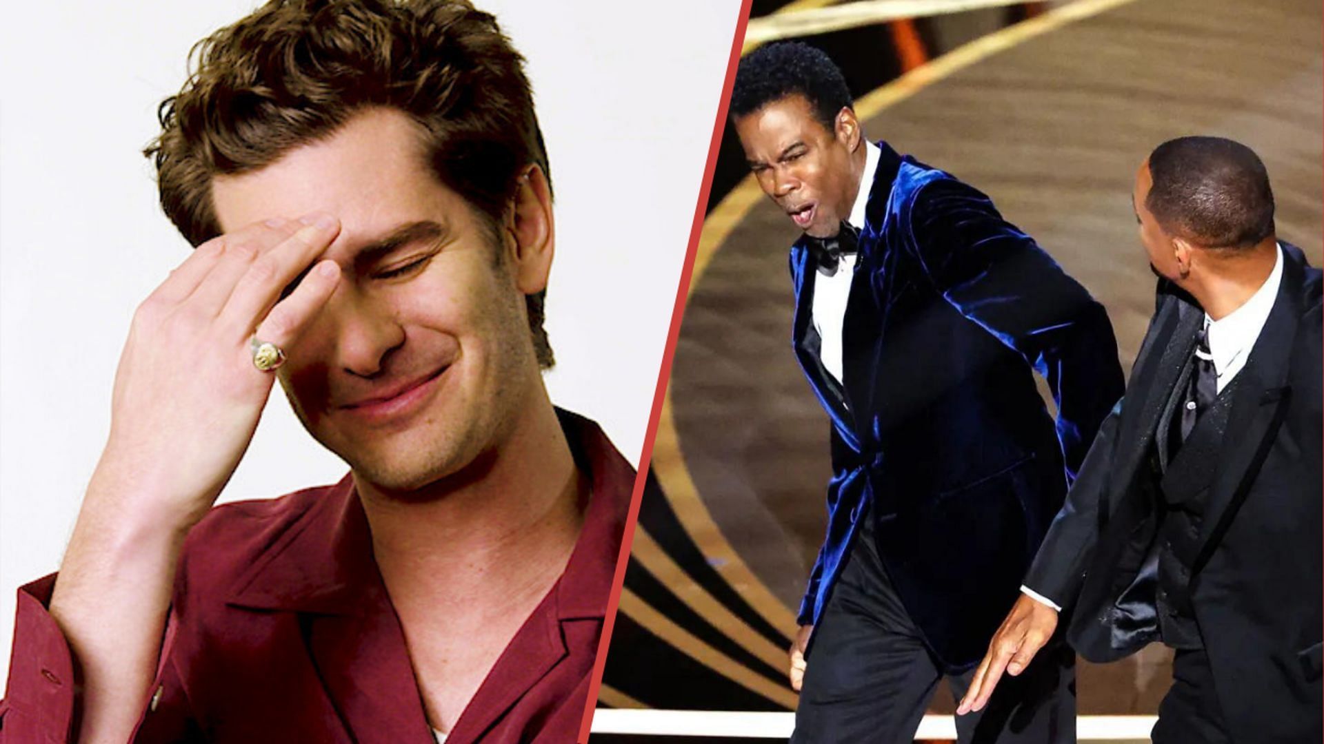 Andrew Garfield&#039;s hilarious recreation of Will Smith slapping Chris Rock at the Oscars 2022 (Image via Netflix, and Los Angeles Times/Getty Images)