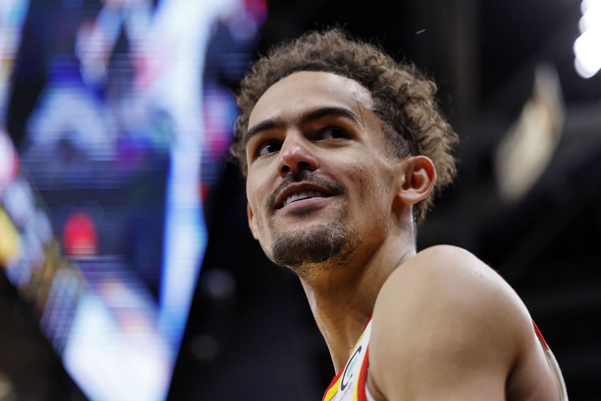 Trae Young #11 of the Atlanta Hawks reacts during the second half against the Cleveland Cavaliers at Rocket Mortgage Fieldhouse on April 15, 2022 in Cleveland, Ohio.