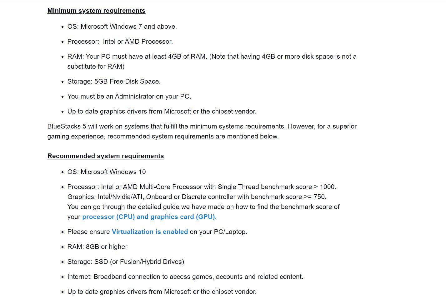 The requirements, as per support (Image via BlueStacks)