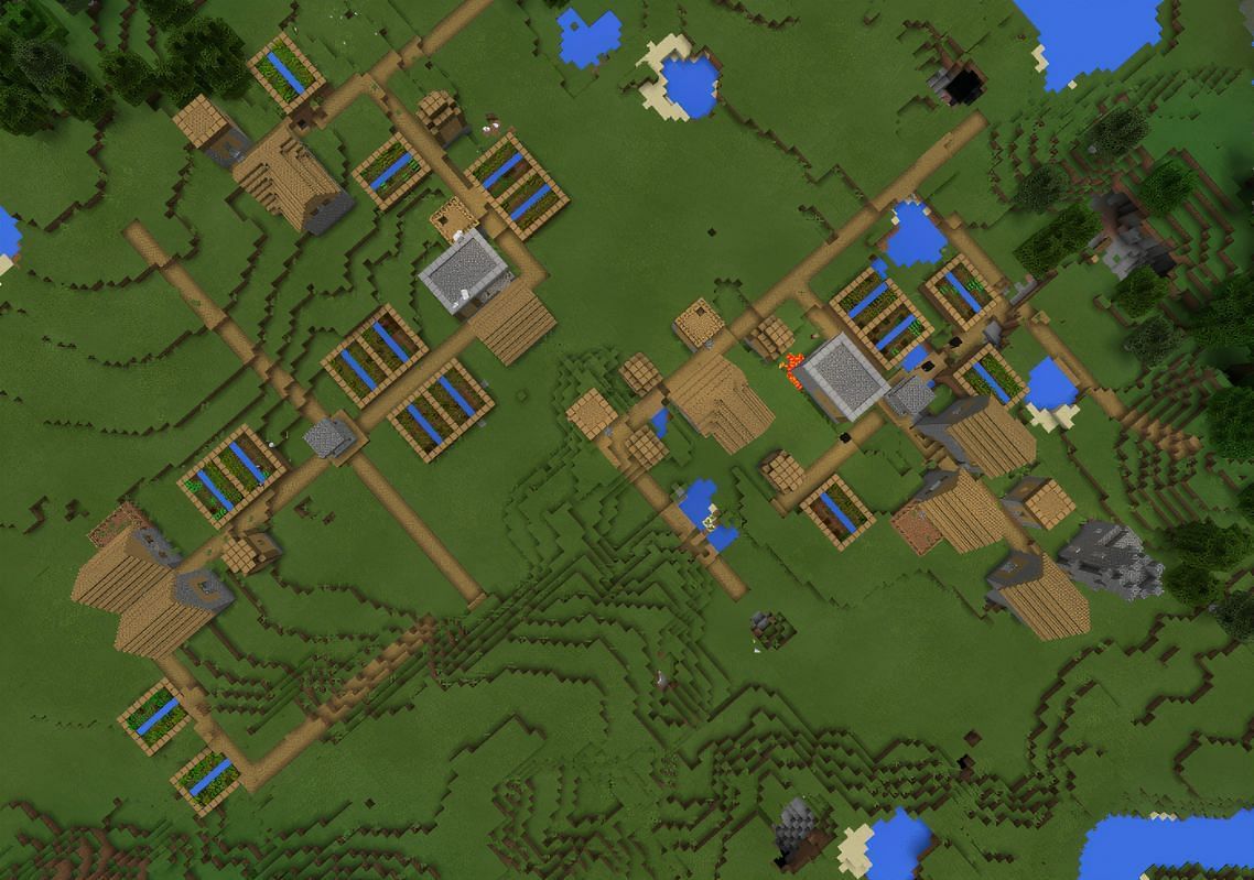 An example of a double village with many farms (Image via Minecraft)