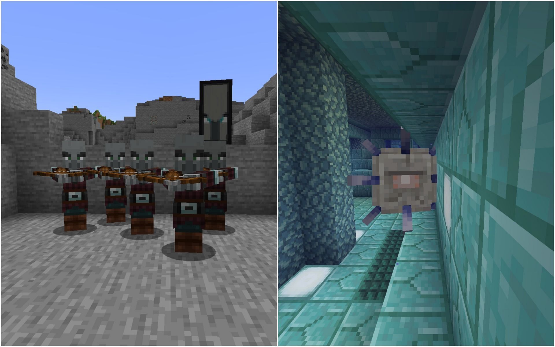 A Pillager Patrol vs an Elder Guardian (Image via Minecraft)
