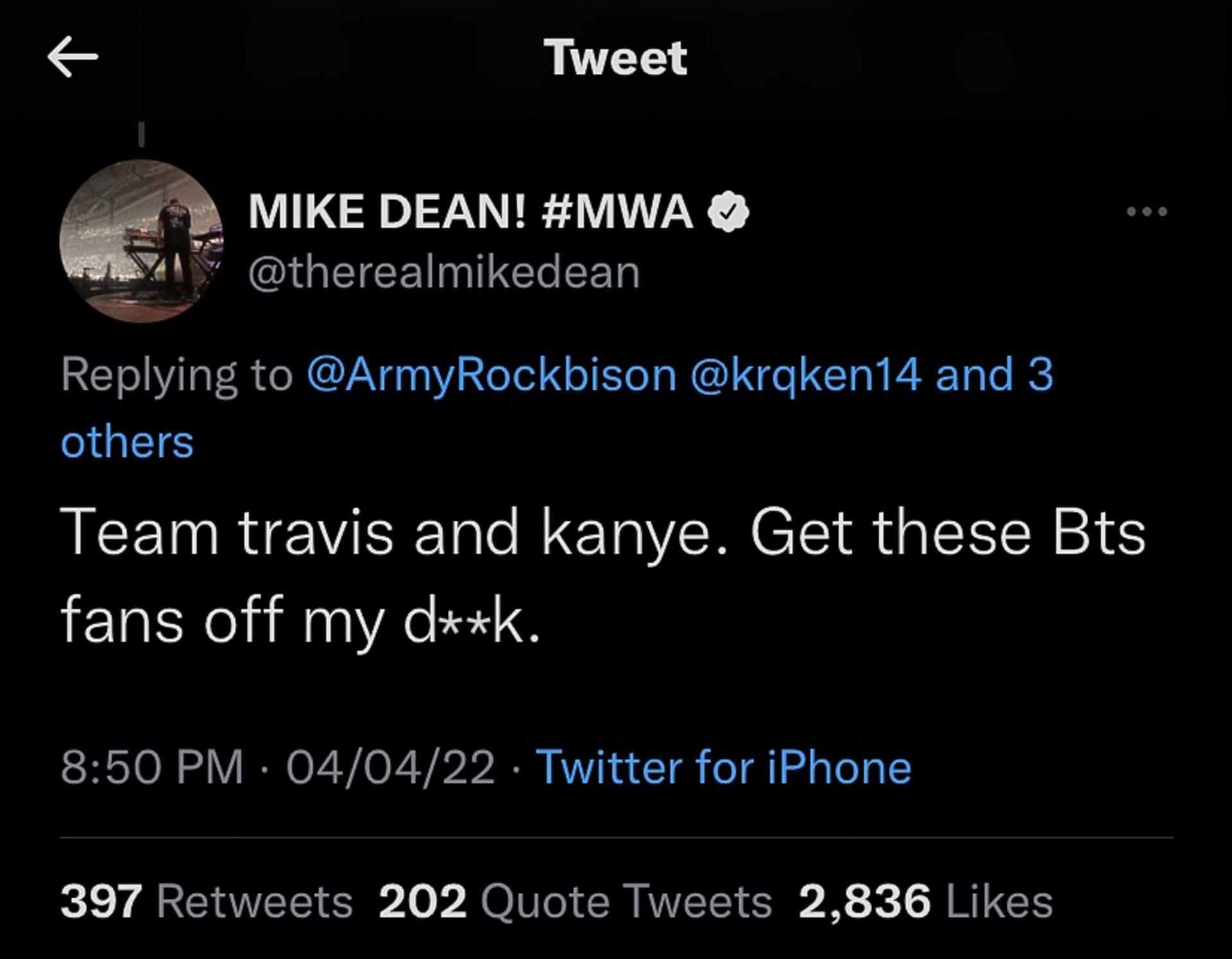 Mike hurls ill-suited comments at BTS fans (Image via @therealmike dean/Twitter)
