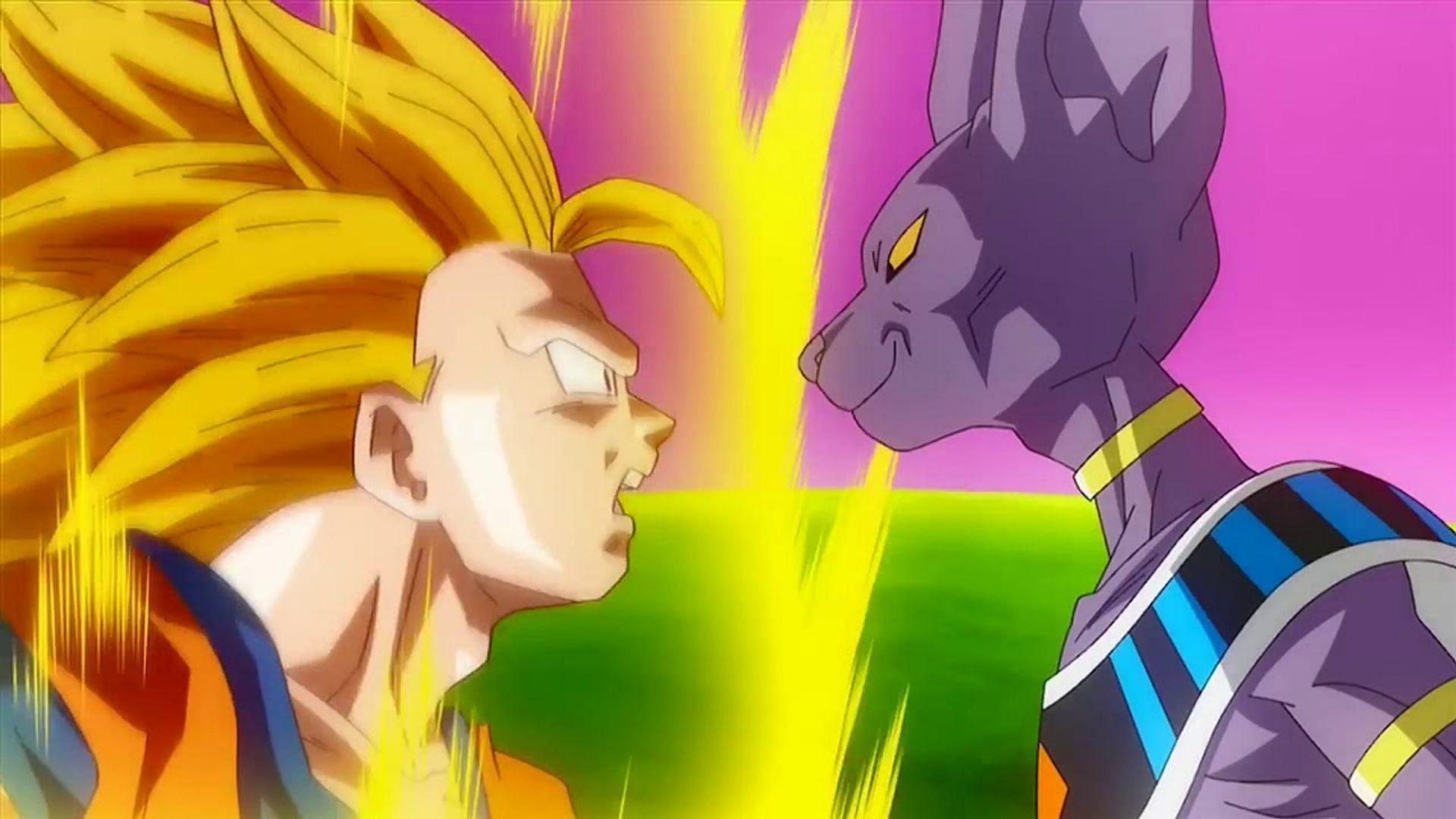 Goku vs Beerus, Dragon Ball Super. Aka the &quot;Oh no.&quot; Image by Funimation.