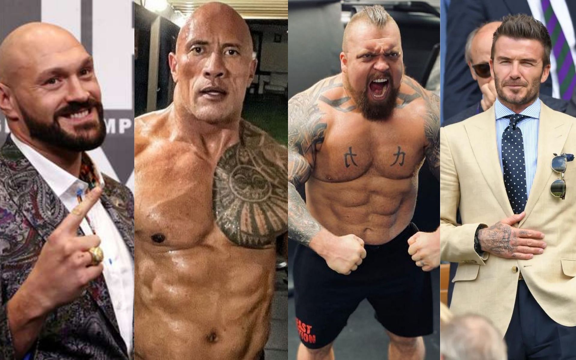 (From left to right) Tyson Fury, The Rock, Eddie Hall, and David Beckham