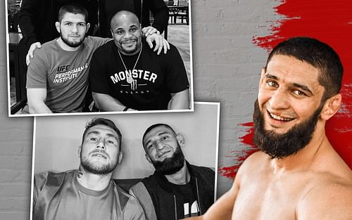 Khabib Nurmagomedov and Daniel Cormier (top left), Darren Till and Khamzat Chimaev (bottom left) and Chimaev (right) [Images via @khabib_nurmagomedov, @darrentill2.0 and @khamzat_chimaev on Instagram]