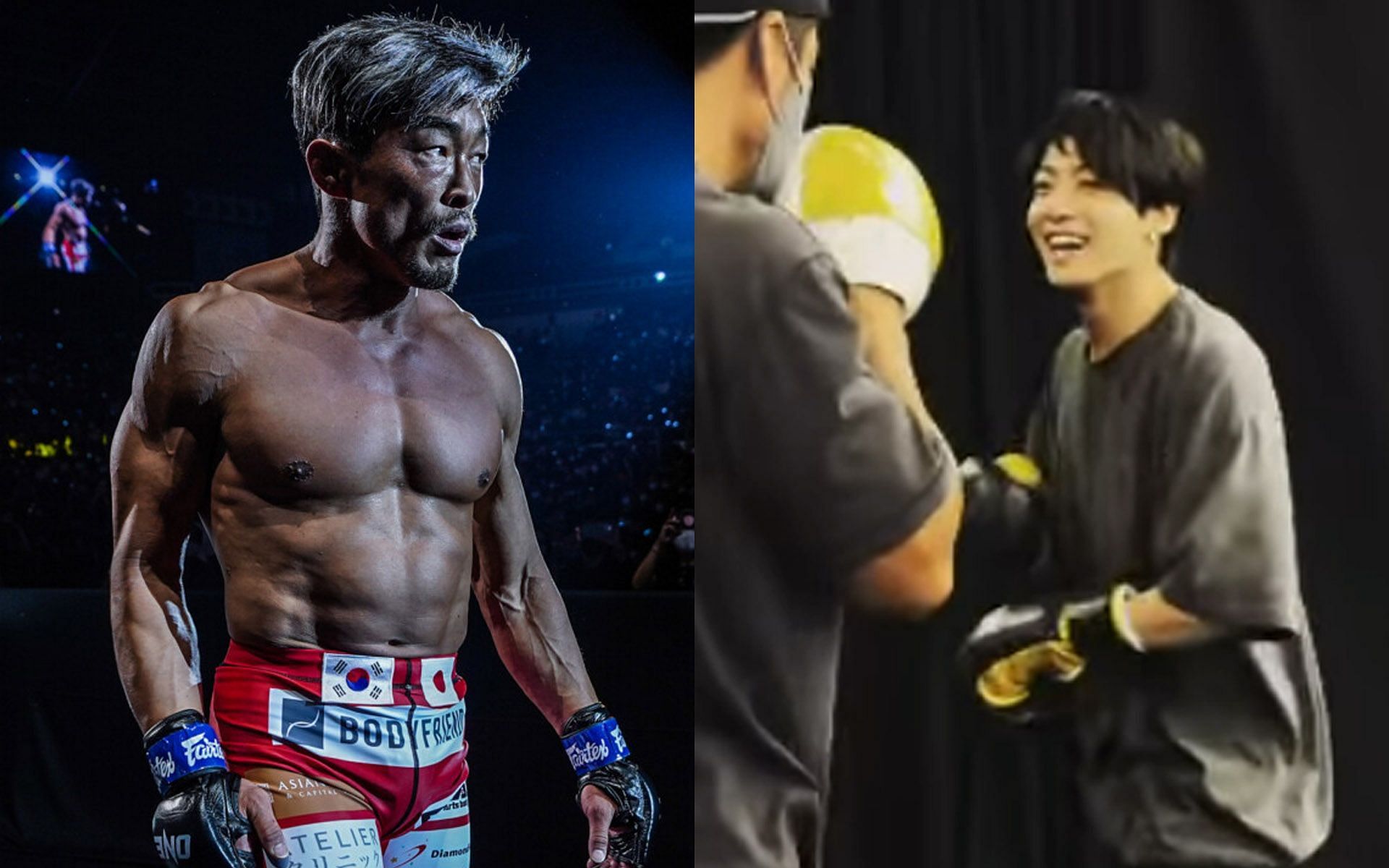 Yoshihiro Akiyama (L) invited Jungkook (R) of BTS to a sparring session. [Photos: ONE Championship/@jungkook.97 on Instagram]