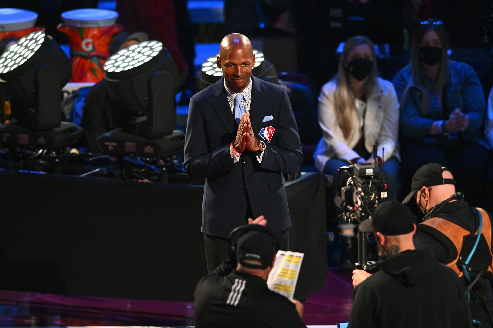 Ray Allen reacts after being introduced as part of the NBA 75th Anniversary