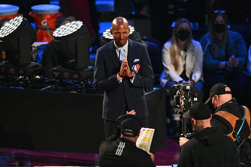 Ray Allen reacts after being introduced as part of the NBA 75th Anniversary