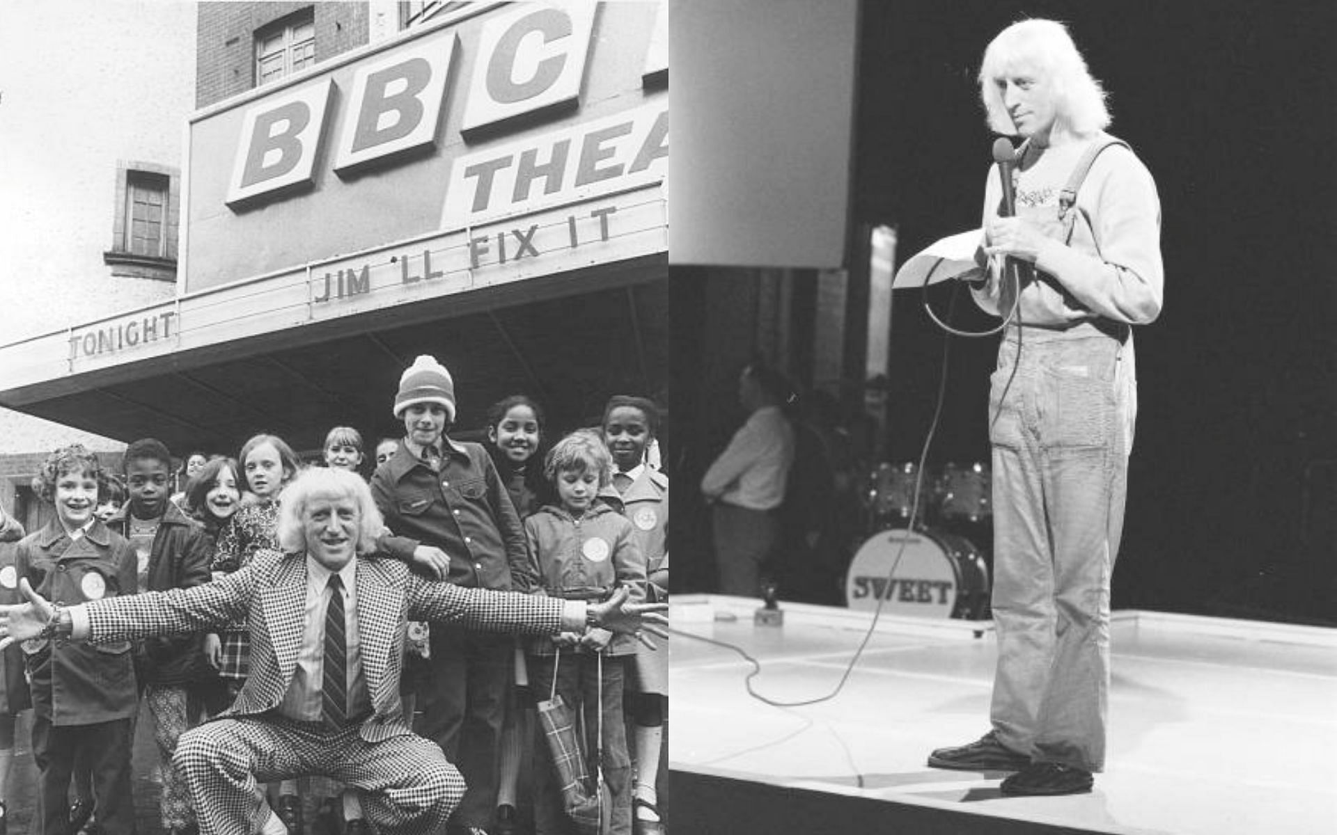 Savile at the sets of BBC&#039;s Jim&#039;ll Fix It and Top of the Pops (Image via Getty Images)