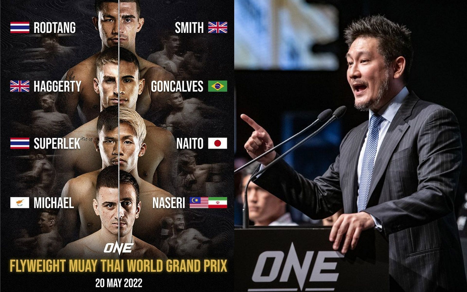 Chatri Sityodtong (right) announced the date and matchups for the ONE Flyweight Muay Thai World Grand Prix. [Photos: ONE Championship]