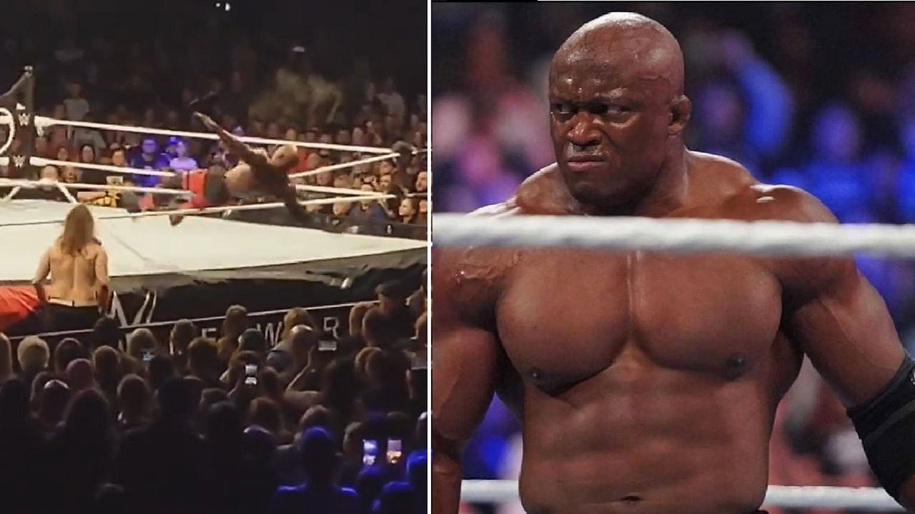 Bobby Lashley&#039;s fall at last night&#039;s WWE live event (left); The All Mighty (right)