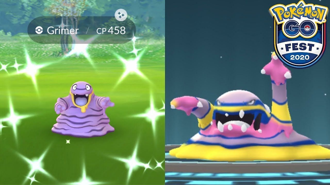 Shiny Alolan Muk and Grimer (R), as they appear in Pokemon GO (Image via Niantic/Critical Slacker, YouTube)