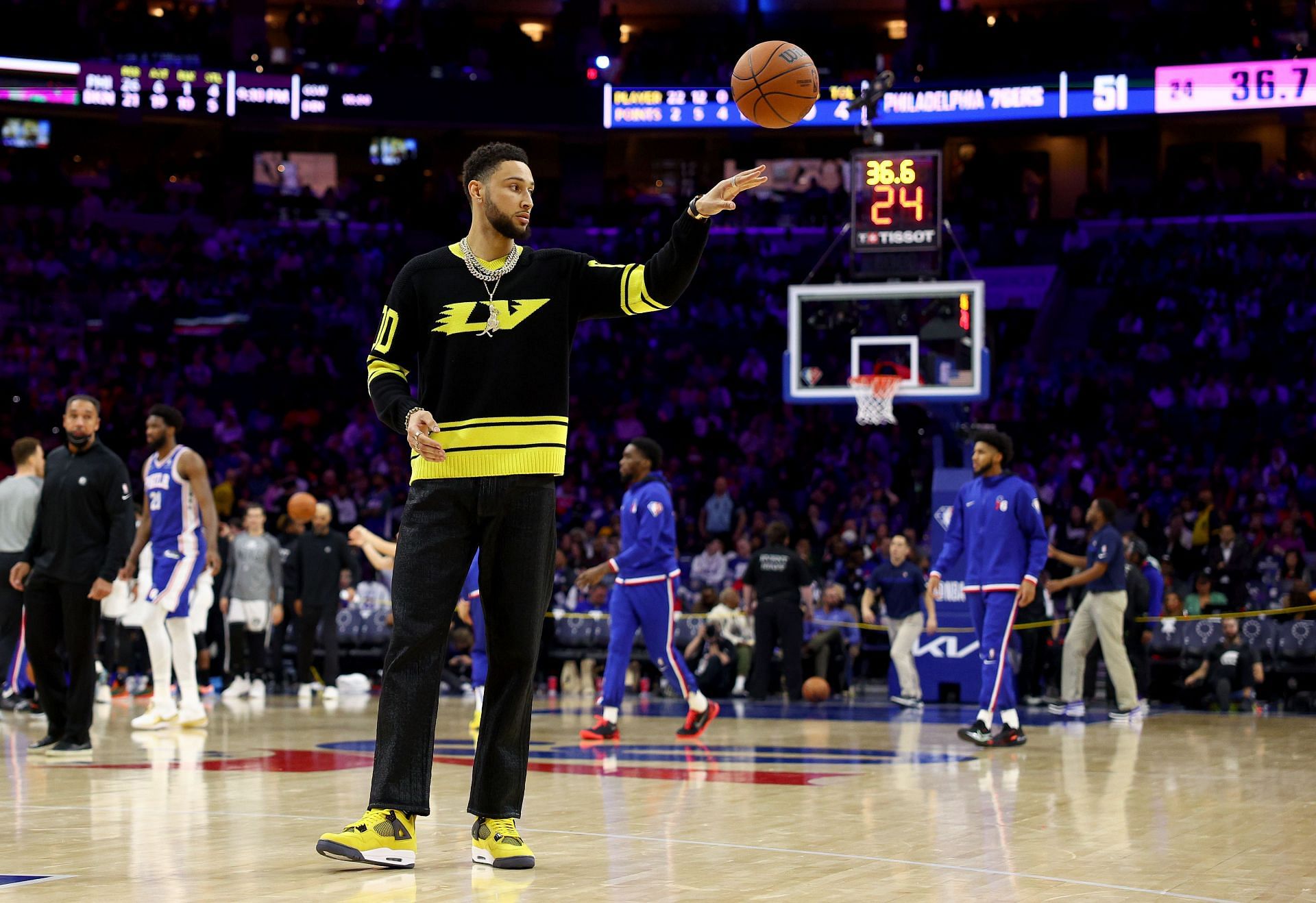 Ben Simmons #10 of the Brooklyn Nets walks on the court during halftime against the Philadelphia 76ers at Wells Fargo Center on March 10, 2022 in Philadelphia, Pennsylvania. The Brooklyn Nets defeated the Philadelphia 76ers 129-100