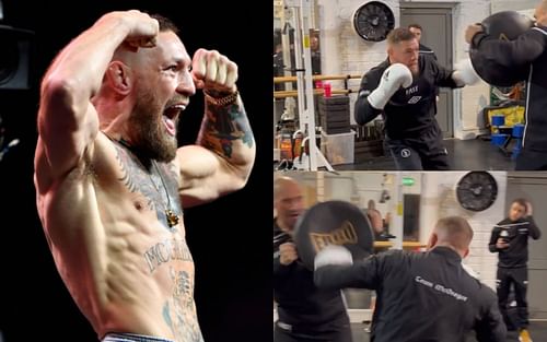 Conor McGregor (left, image courtesy of Getty); McGregor's training session (top and bottom right, images courtesy of @thenotoriousmma Instagram)