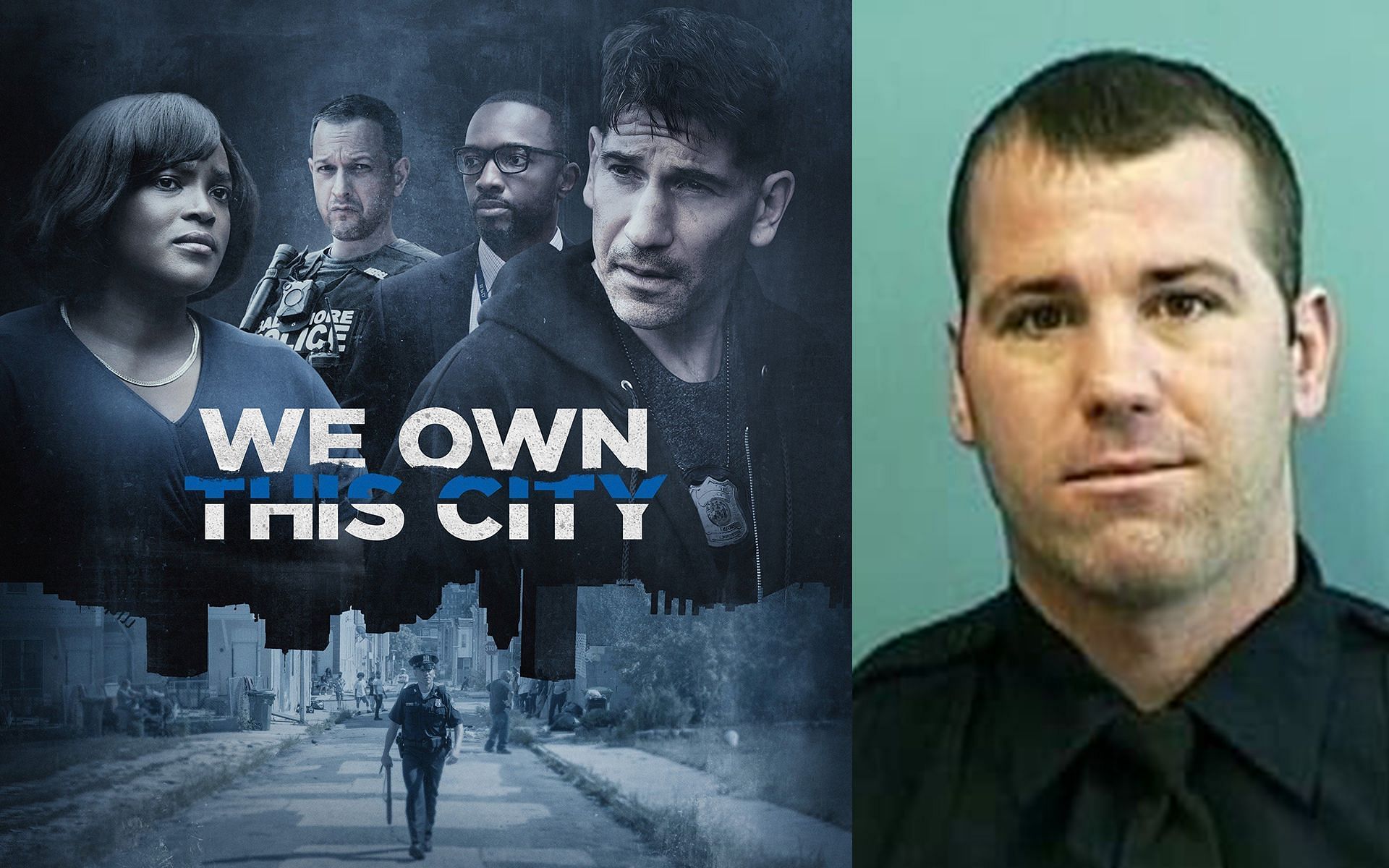 A poster from We Own This City and a picture of Daniel Hersl (Image via Rotten Tomatoes/Baltimore Fishbowl/HBO)