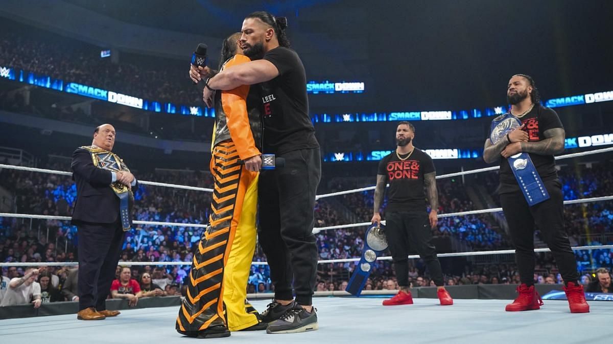 Reigns offers his sympathy to Nakamura moments before the ambush