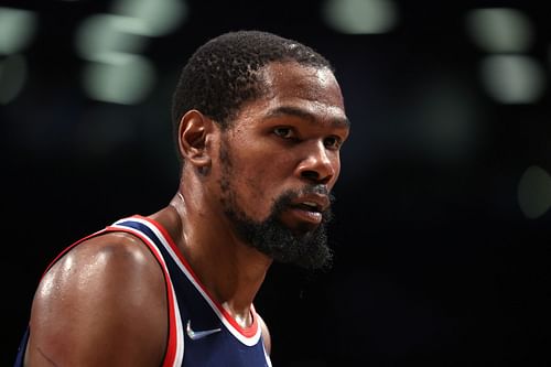 Kevin Durant of the Brooklyn Nets looks on against the Milwaukee Bucks during their game at Barclays Center on Thursday in New York City.