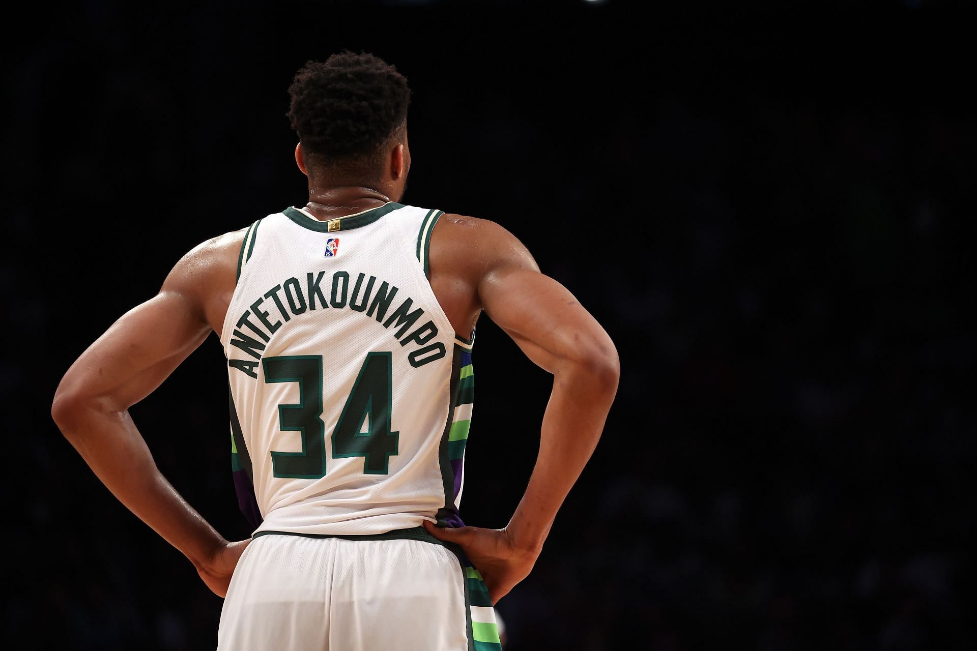 Giannis Antetokounmpo of the Milwaukee Bucks looks on against the Brooklyn Nets during their game at Barclays Center on Thursday in New York City.