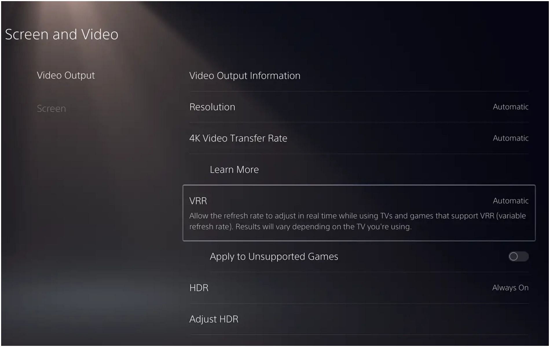 Variable Refresh Rate will be very easy to turn on and off, thankfully (Image via PlayStation)