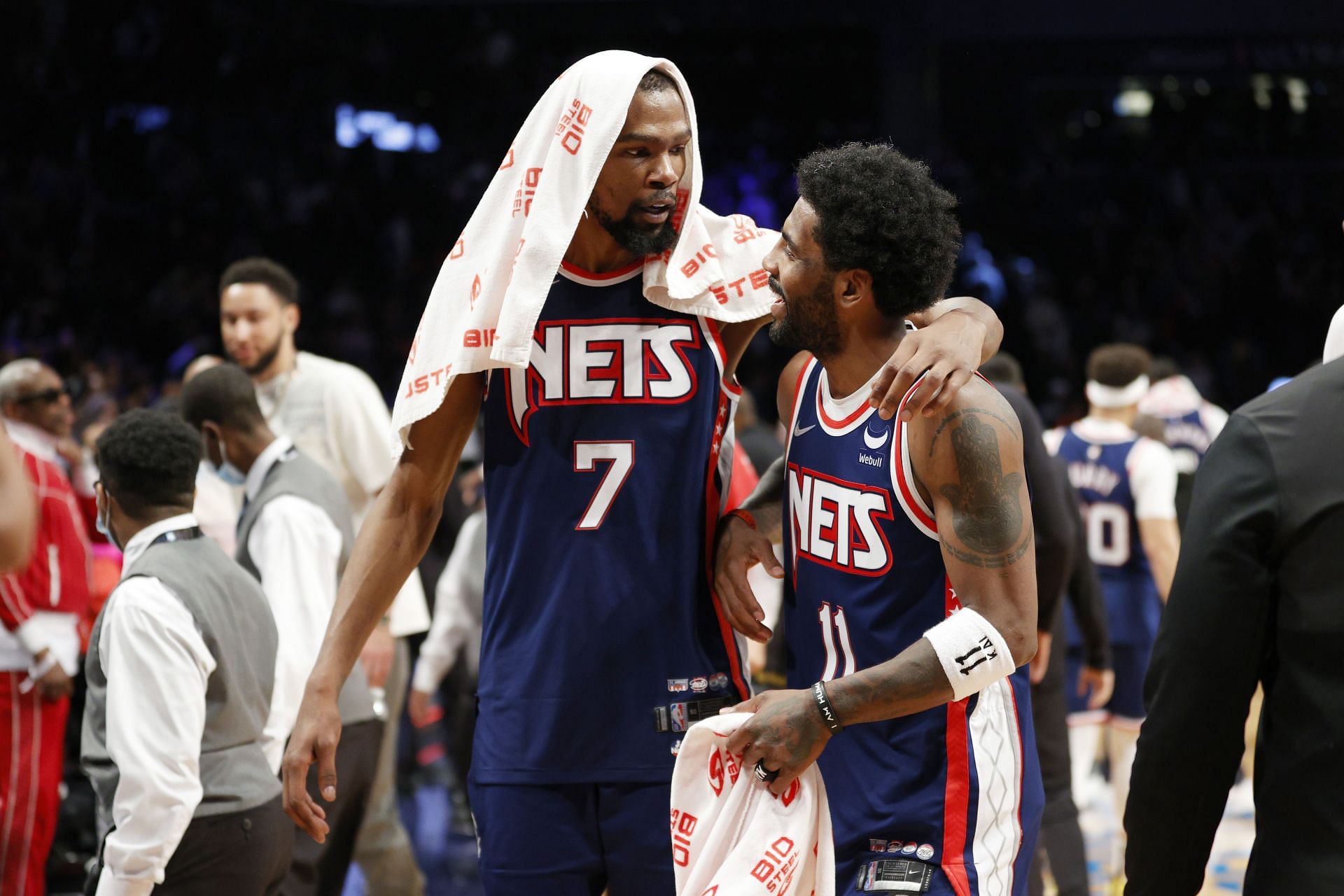 Kevin Durant and Kyrie Irving in action during Cleveland Cavaliers v Brooklyn Nets