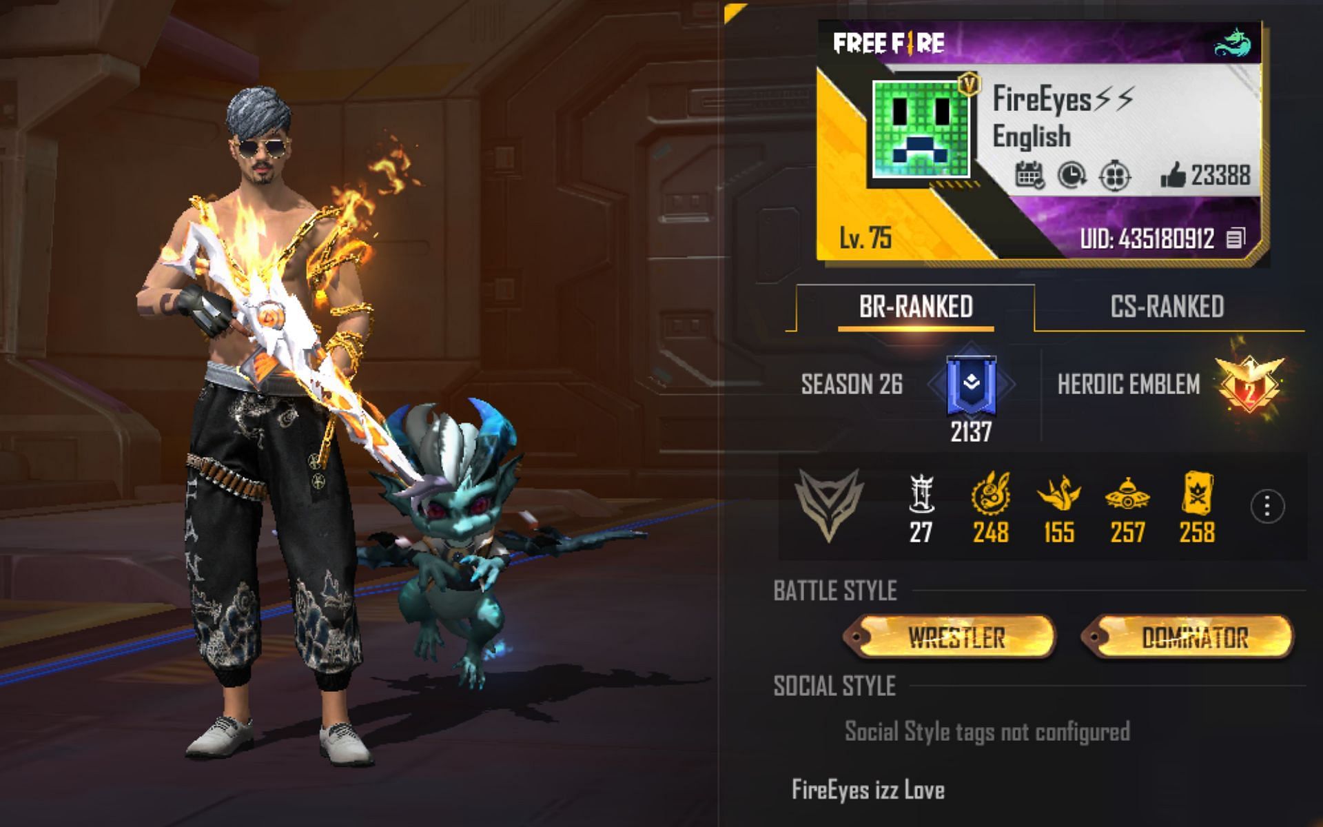 FireEyes Gaming&#039;s Free Fire ID (Image via Garena)