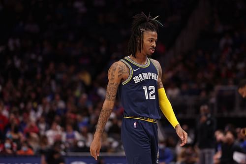 Ja Morant #12 of the Memphis Grizzlies plays against the Detroit Pistons at Little Caesars Arena on February 10, 2022 in Detroit, Michigan.