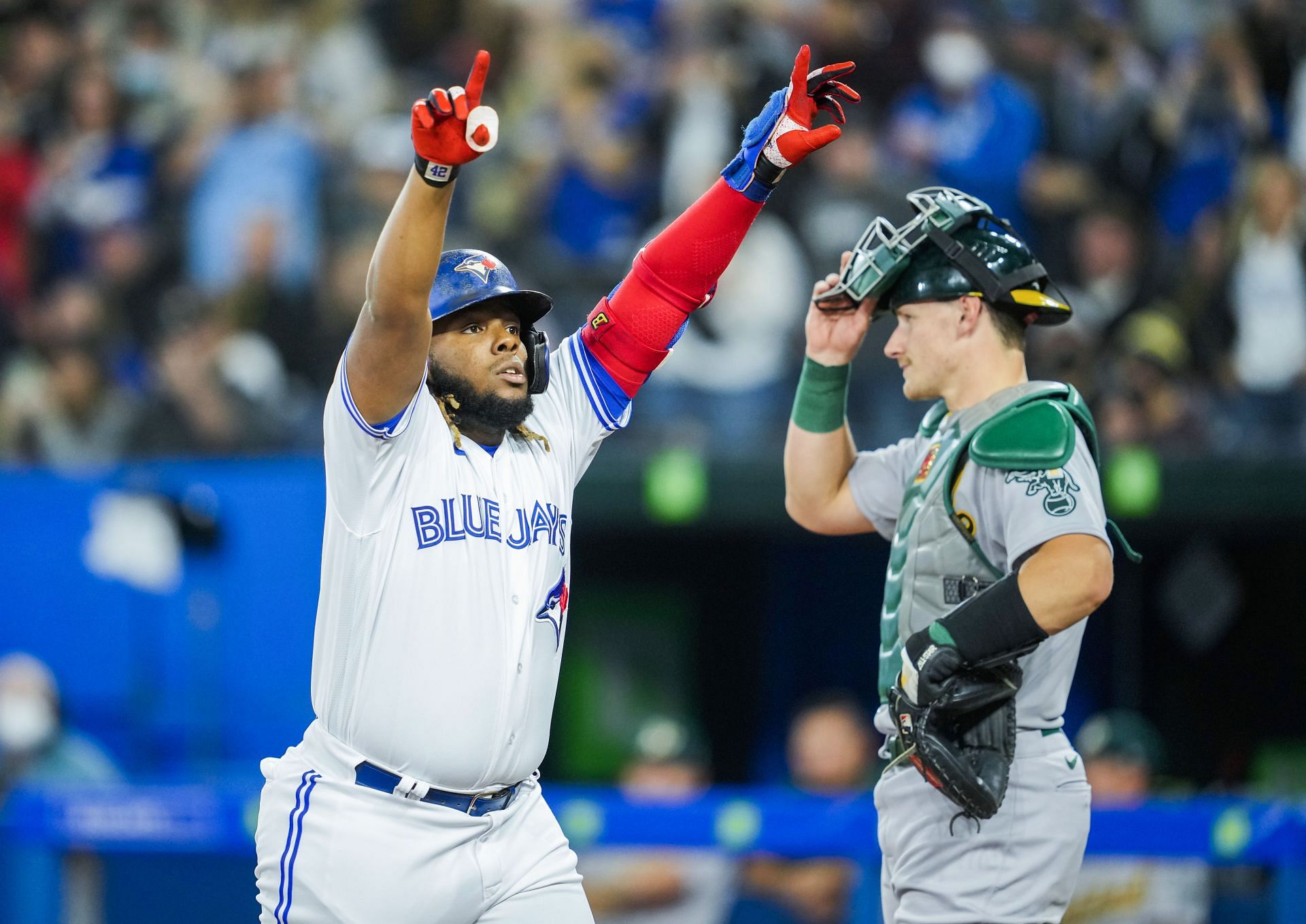 Vladimir Guerrero Jr. #27 of the Toronto Blue Jays celebrates his home run.