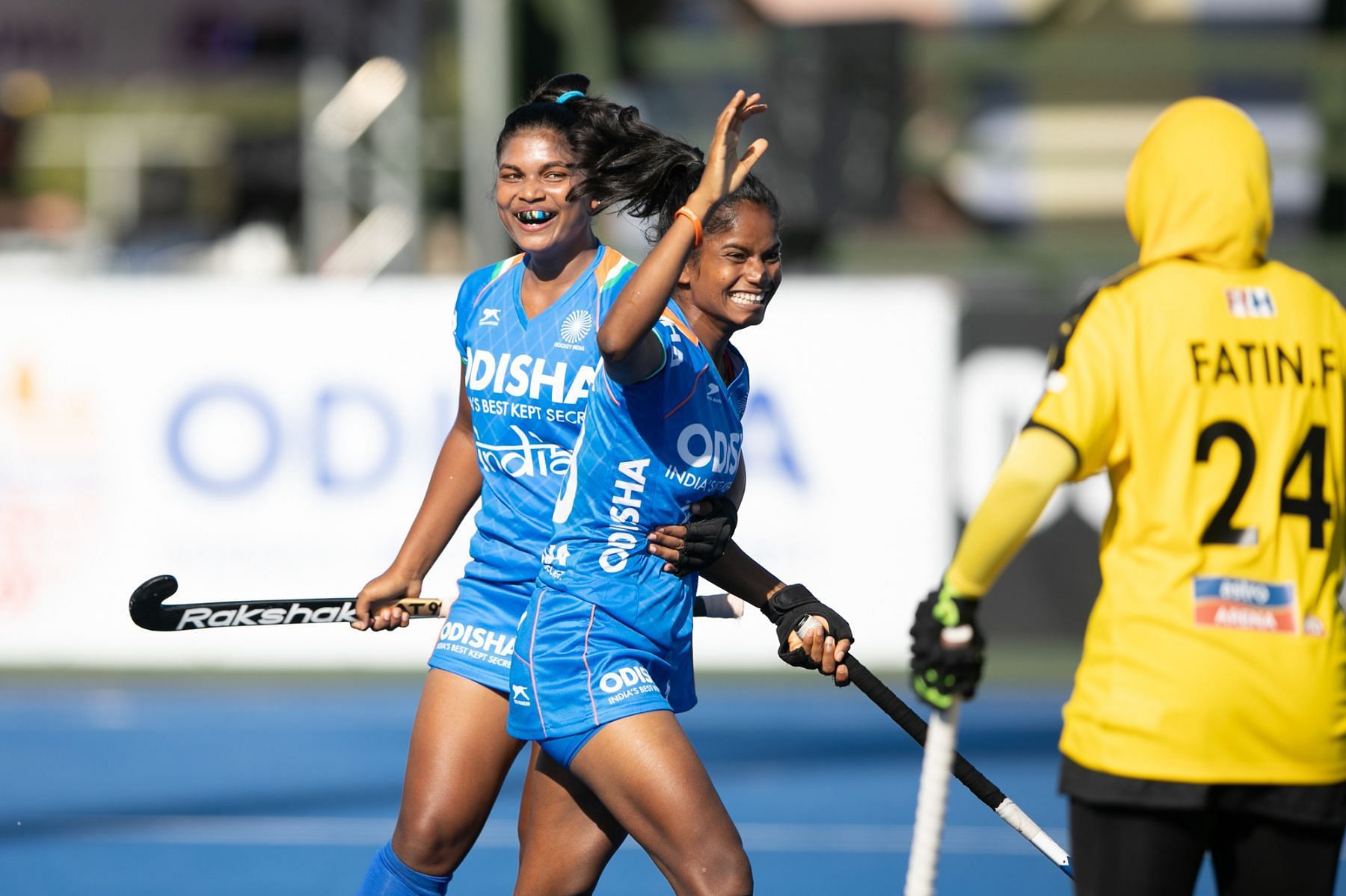 The Indian hockey team members celebrate a goal against Malaysia. (PC: Hockey India)