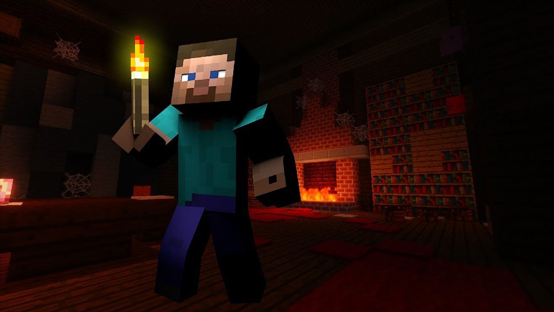 Steve with a torch (Image via Minecraft)