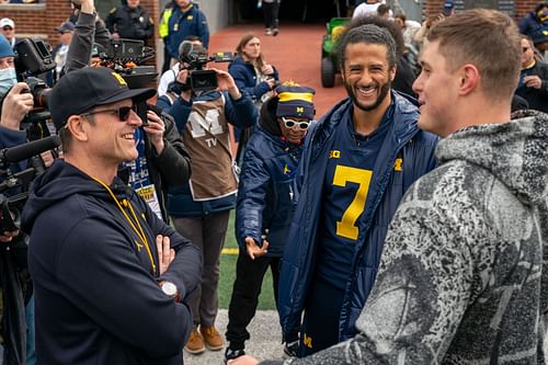 Michigan head coach Jim Harbaugh with Colin Kaepernick at Michigan Spring Game