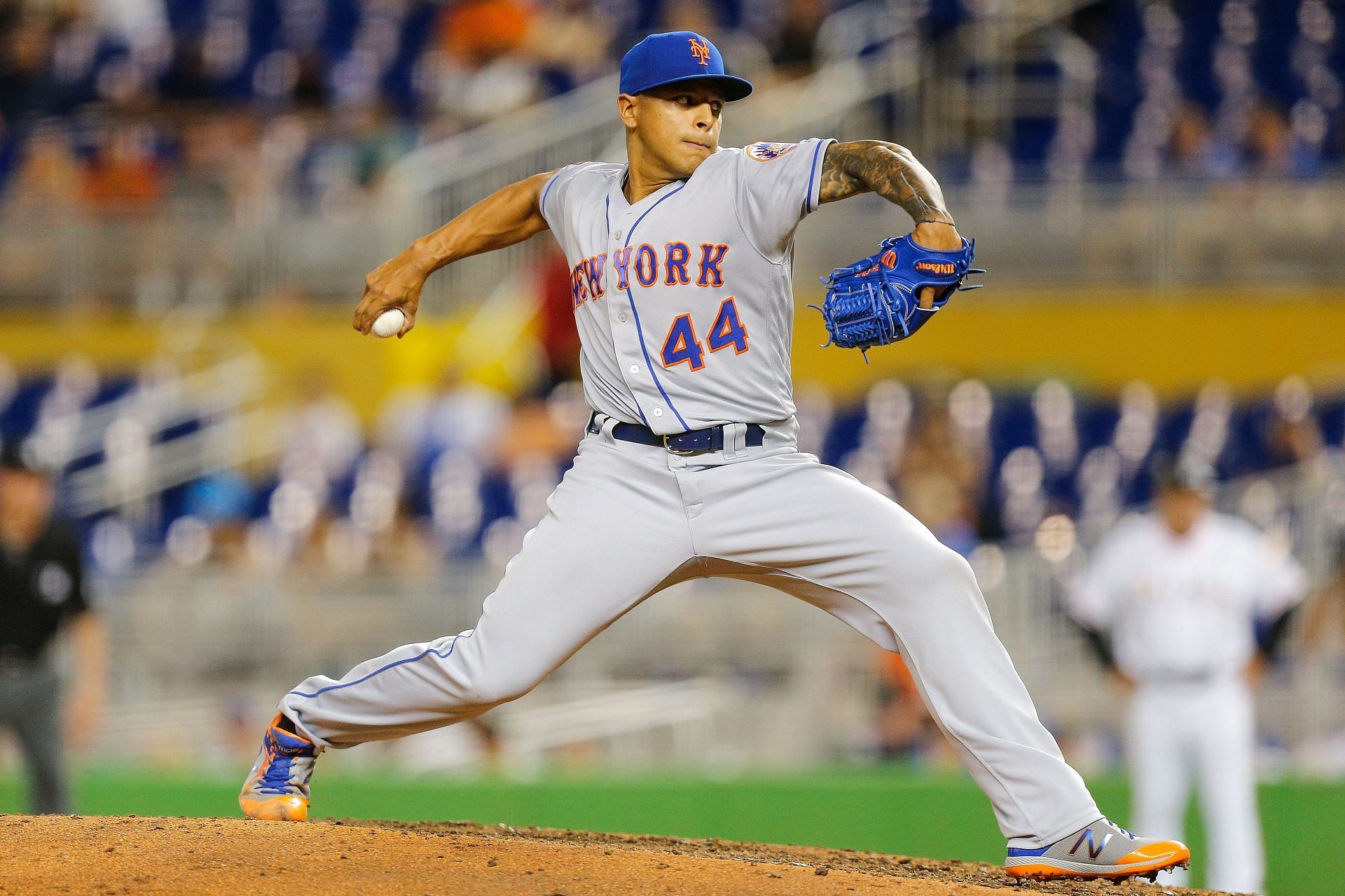 AJ Ramos pitching while as a member of the New York Mets. New York Mets v Miami Marlins