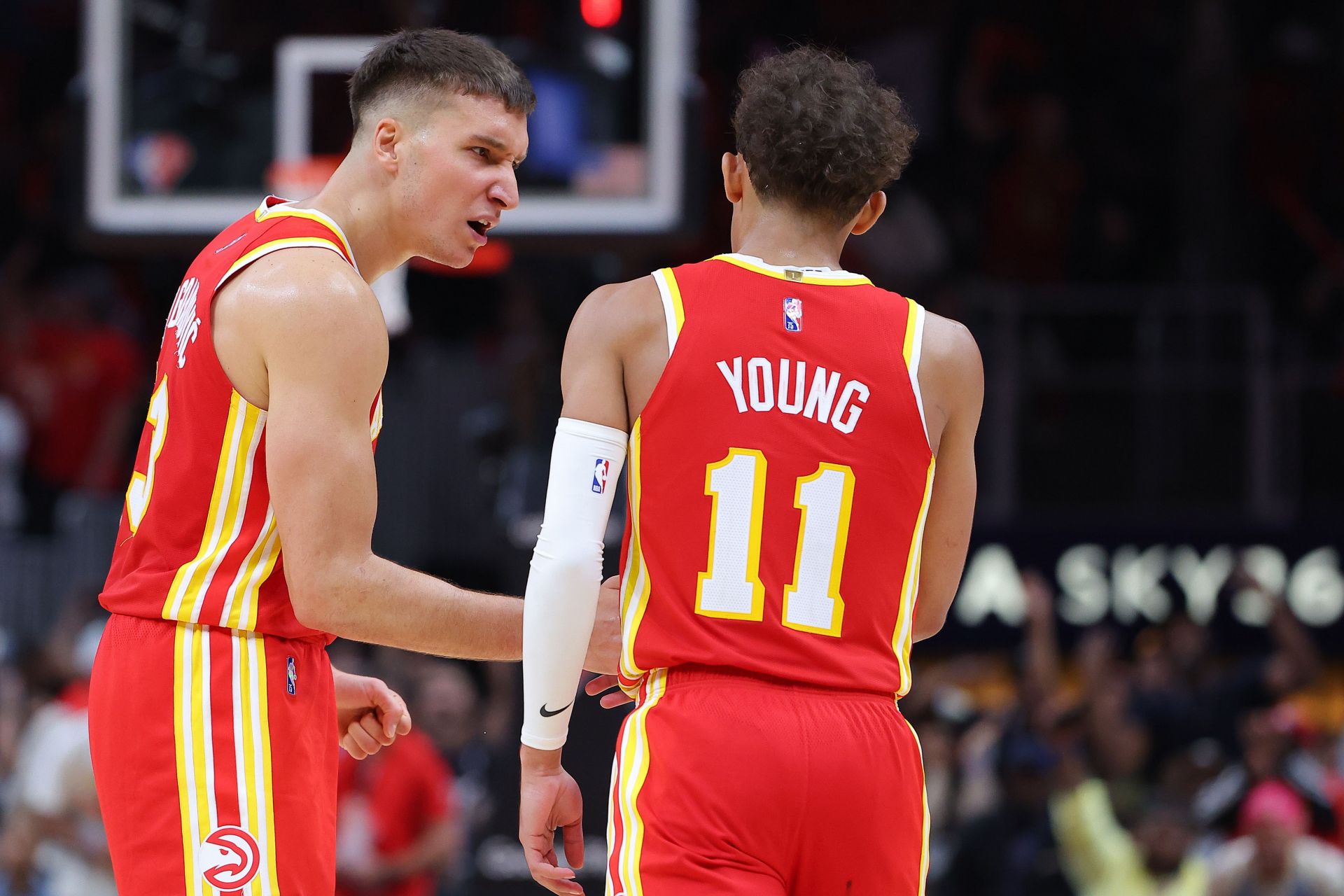 Bogdan Bogdanovic and Trae Young of the Atlanta Hawks