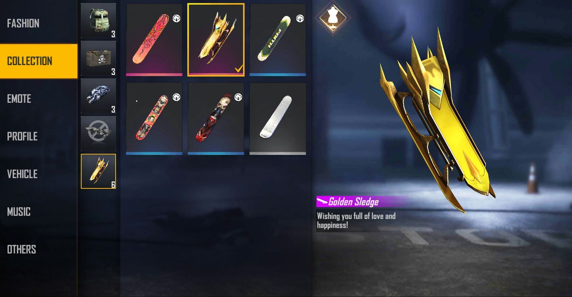 This is the Golden Sledge surfboard (Image via Garena)