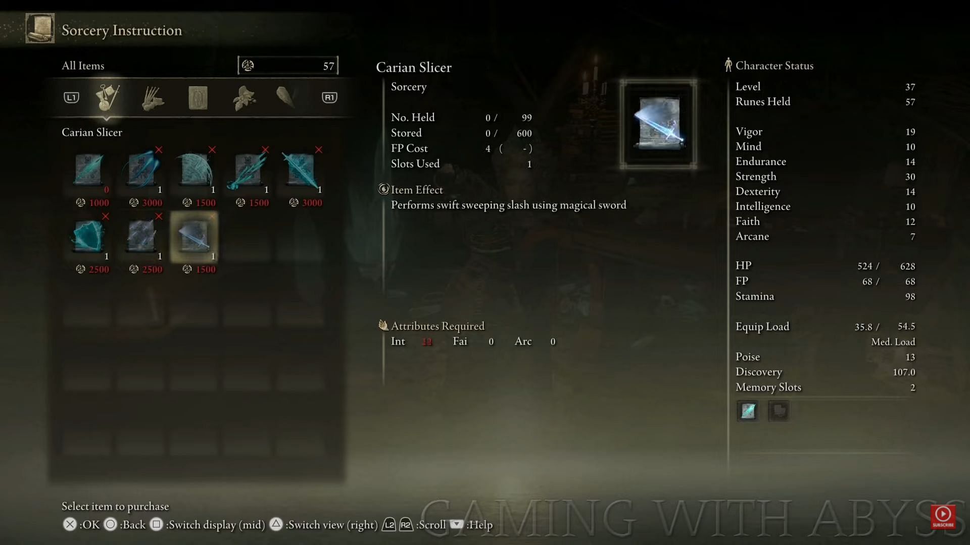 Carian Slicer&#039;s damage output is insanely high for very minimal cost in Elden Ring (Image via Gaming with Abyss/Youtube)