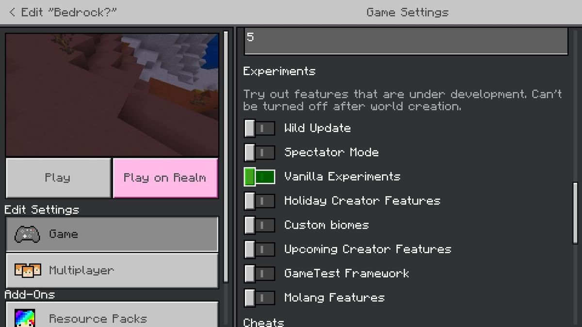 What does 'Vanilla Experiments' mean in Minecraft Bedrock Edition?