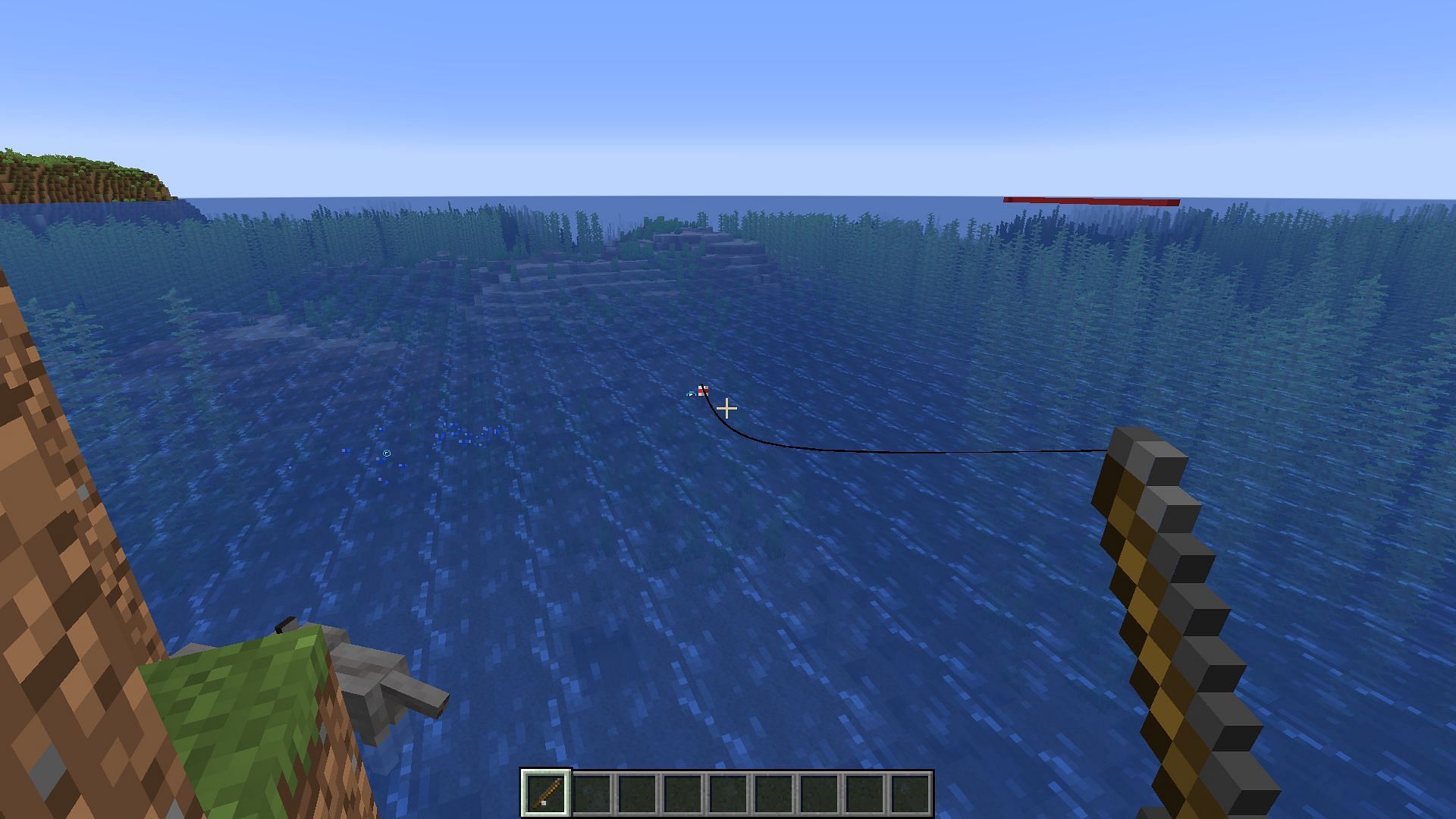 A bubble trail indicating a fish is about to bite (Image via Minecraft)
