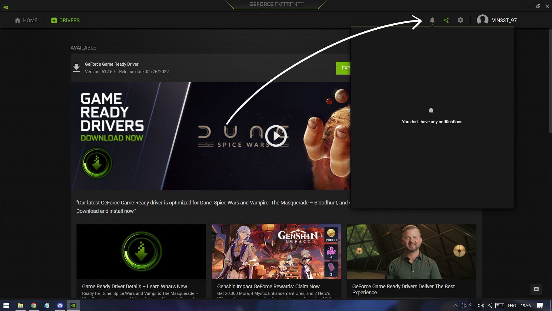 Notification bell for the GeForce Experience (Image via NVIDIA GeForce)