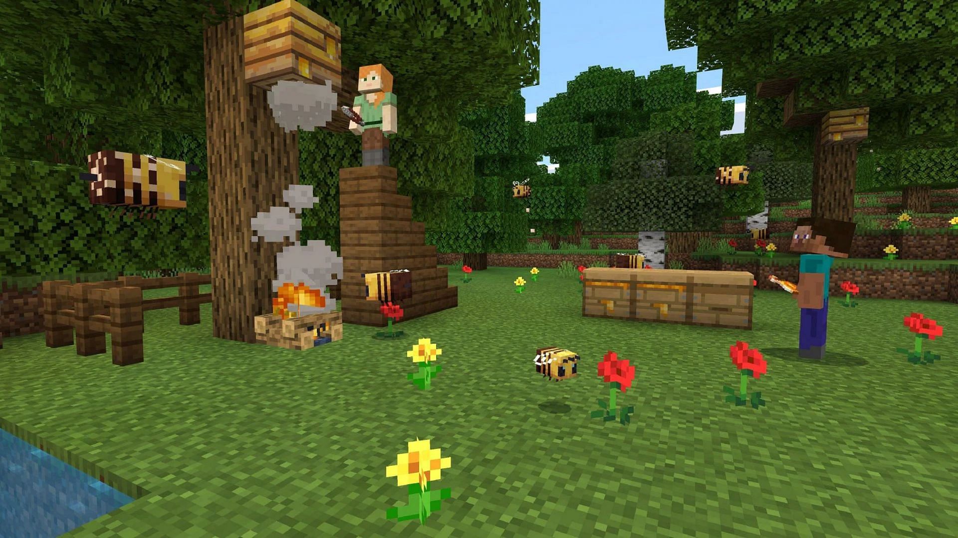 Bees, their nests, and honey were added in the Buzzy Bees update (Image via Mojang)