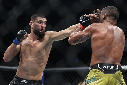 Khamzat Chimaev (left) and Gilbert Burns (right) at UFC 273: Volkanovski vs. The Korean Zombie