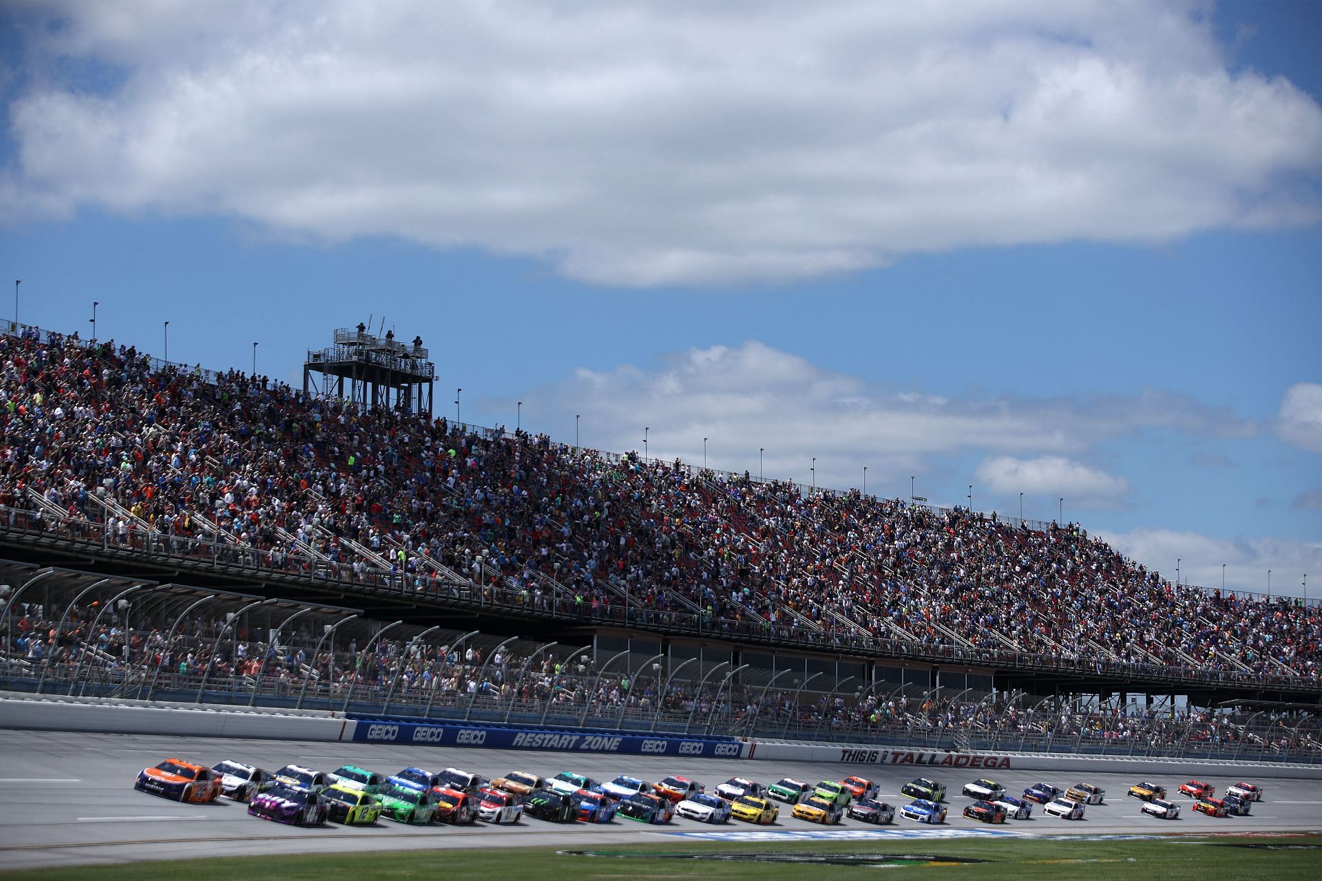 A general view of cars on the track during the Cup Series GEICO 500 at Talladega Superspeedway (Photo by Sean Gardner/Getty Images)